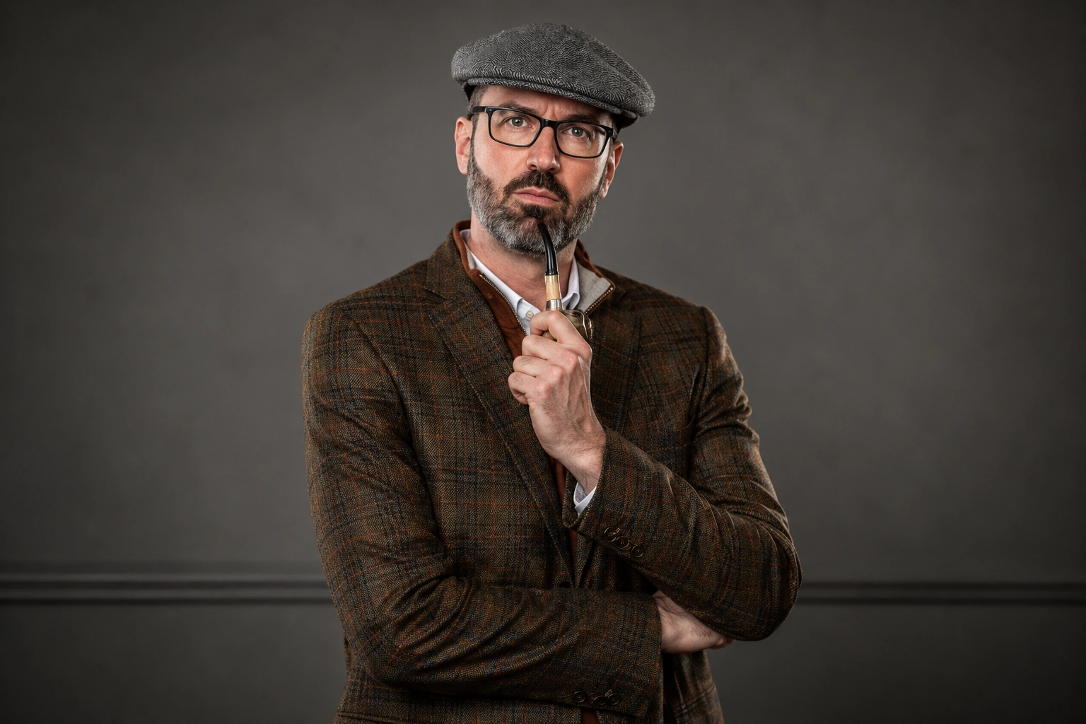 Jesse Kelly Net Worth – Portrait of Jesse Kelly wearing a stylish brown plaid blazer and gray flat cap while thoughtfully holding a pipe against a neutral background.